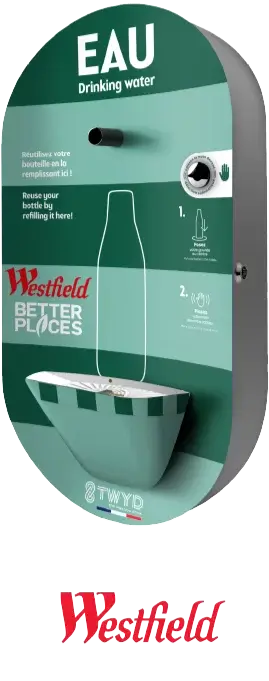 Fontaine à eau TWYD à Westfield, encouragent l’usage de bouteilles réutilisables pour une hydratation durable et écoresponsable.